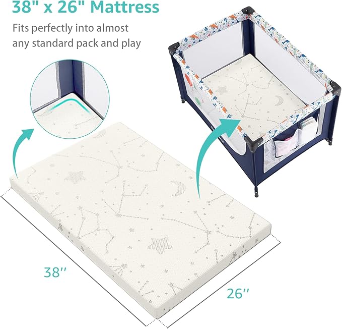 YENING Bamboo Pack and Play Mattress Pad Breathable 38x26 Waterproof Baby Mattress for Pack N Play Matress Topper Waterproof with Strap