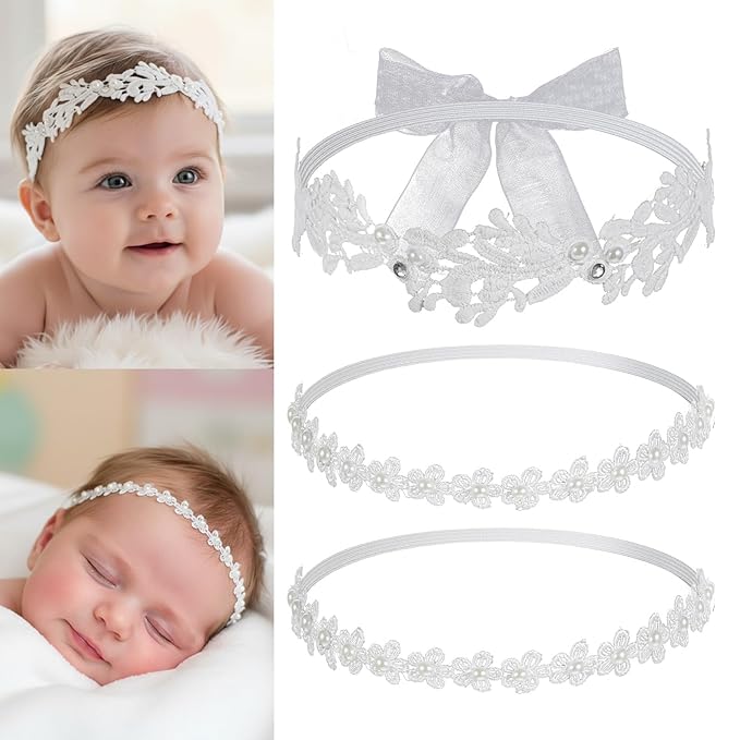3 Pack White Flower Christening Headbands Elegant Flower Girl Headpiece for Baby Girl Elastic Nylon Soft Lace with Cute Tulle Pearl Hair Strap Baptism Halo Newborns Infants Toddlers 16-24in