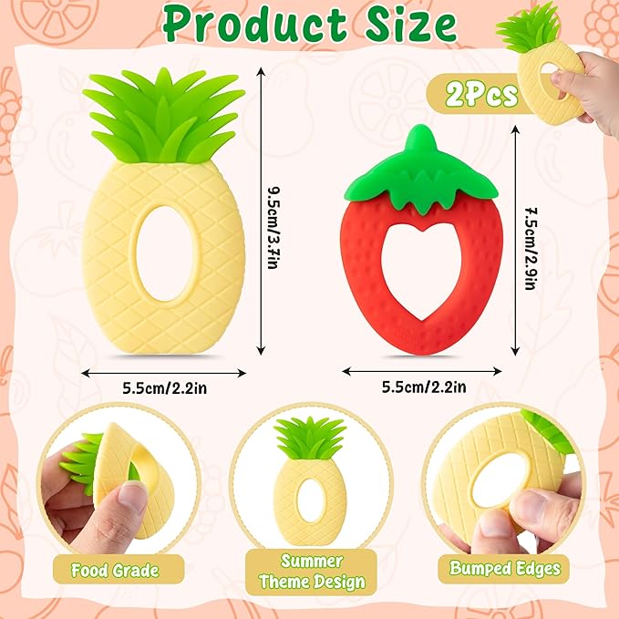 Silicone Teething Toy for Babies - 2Pcs Strawberry Grape Soft Sore Gums Pain Teether Infant Summer Fruit Themed Food Grade Teething Relief Chew Toy for Toddler Birthday Newborn 6-12 Months Baby Shower