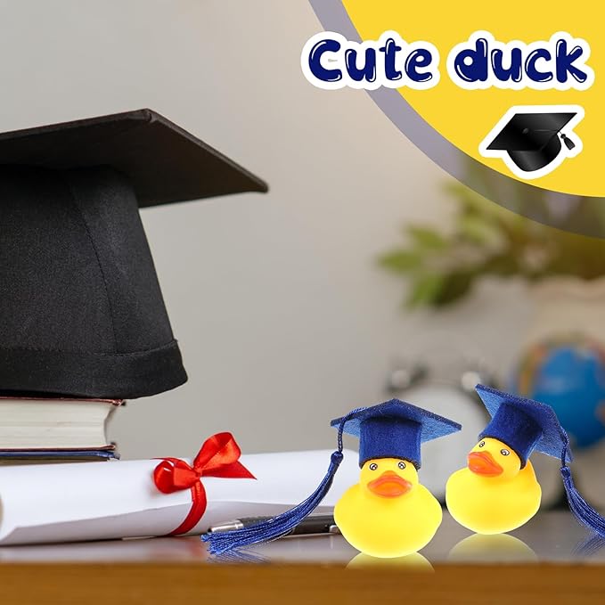 Lenwen 24 Pcs Graduation Rubber Ducks with Grad Cap Mini Rubber Duckies Gifts Bulk for Graduation Party Favors Decoration(Blue Grad Hat)