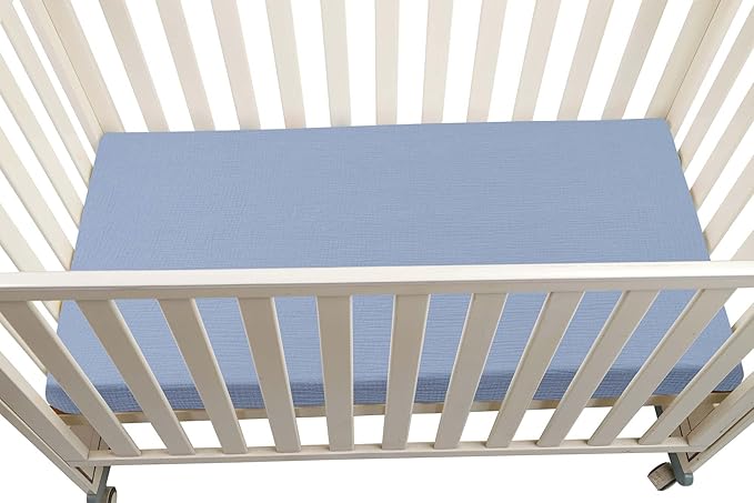 Onacosht Muslin Crib Sheets for Boys Girls, Soft Breathable 100% Cotton Baby Fitted Sheet 52" x 28" for Standard Toddler Crib Mattress, 2 Pack, Car and Solid Blue