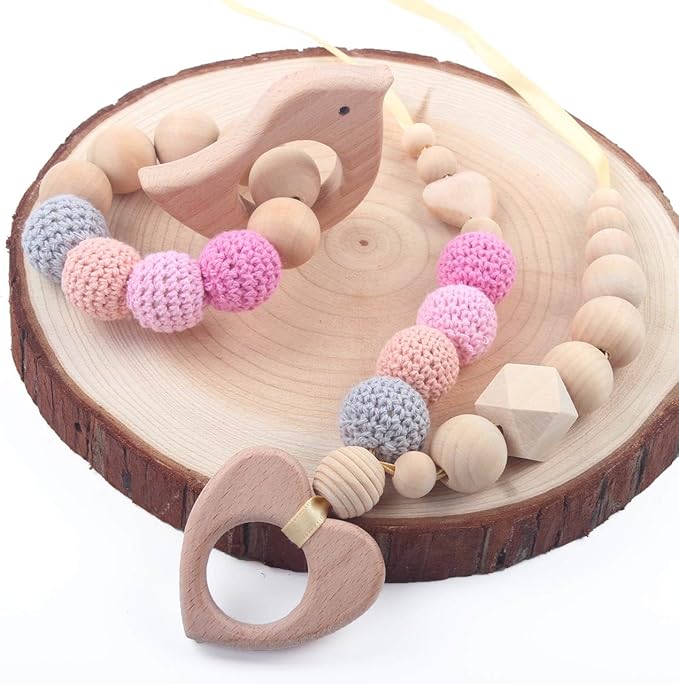 Wood Teethers for Babies DIY Necklace and Bangles Soothes Gum Pain Molar Teething Wood, Bird Elephant Sheep Moon Rocket Butterfly Star Heart Hedgehog Ship Cloud