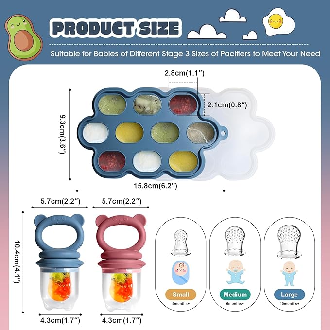 Baby Food Feeder Set, 2 Packs Fruit Feeder & Breastmilk Popsicle Molds Freezer Tray with Lid, Silicone Fruit Feeder to Teething Relief, Introduce New Foods, Baby Feeding Essentials(Blue+Red)