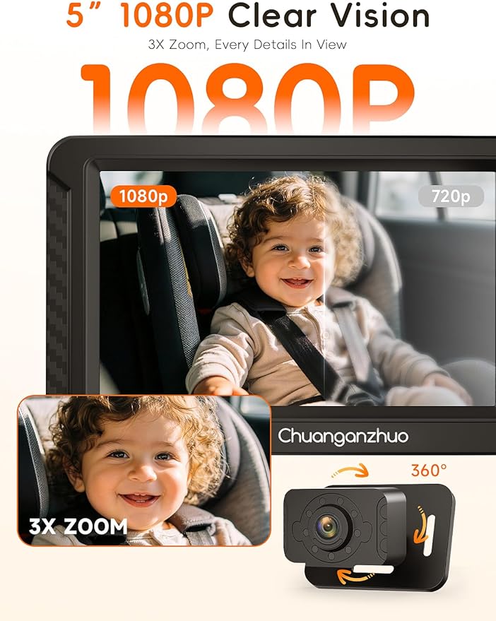 S100C Baby Car Camera USB Powered, Crystal Clear Auto IR Night Vision in Total Dark, Adjust Brightness & 1080P 5" IPS Monitor, 3X Zoom & 360° Rotating Backseat Camera for Rear or Forward-Facing