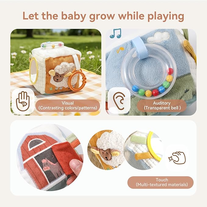 let's make Baby Activity Cube, Farm Soft Block Sensory Toys 6-12 Months with Rattle, 3D Corduroy, Mirror & Travel Clip - Tummy Time Toy Boy Girl Gifts