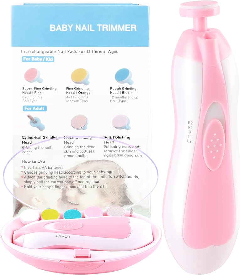Electric Baby Nail Trimmer, Safe Gentle Nail File Grinder Kit with LED Light, Whisper Quiet, 6-in-1 Nail Care Set for Newborns Toddlers Kids & Adults, Adjustable Speed & Rotation, Portable Travel.Pink