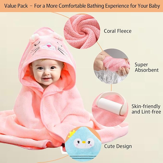 12 PCS Hooded Baby Towel Set, 32x32 Inch Absorbent Baby Bath Towels, 3 PCS Soft Hooded Towels & 9 PCS Washcloths, Ideal for Newborns, Toddlers, and Babies – Baby Bath Essentials (Pink + Brown + Blue)