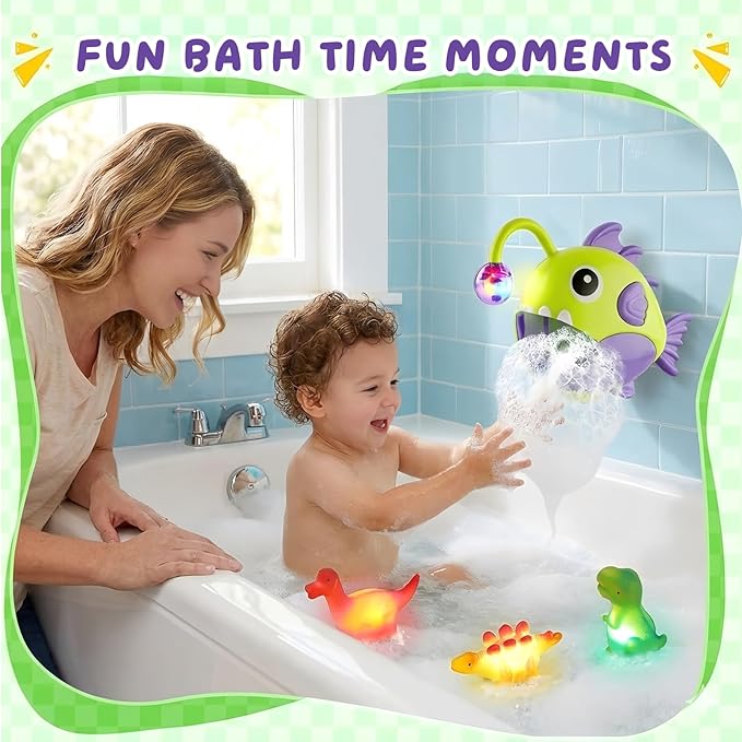 Baby Bath Toys for Toddlers, Light Up Fish Bubble Machine with 3 Dinosaur Water-Activated Toys, Shower Bathtub Toys for Kids Ages 3-8, Birthday Gift Easter for Boys Girls (Green)