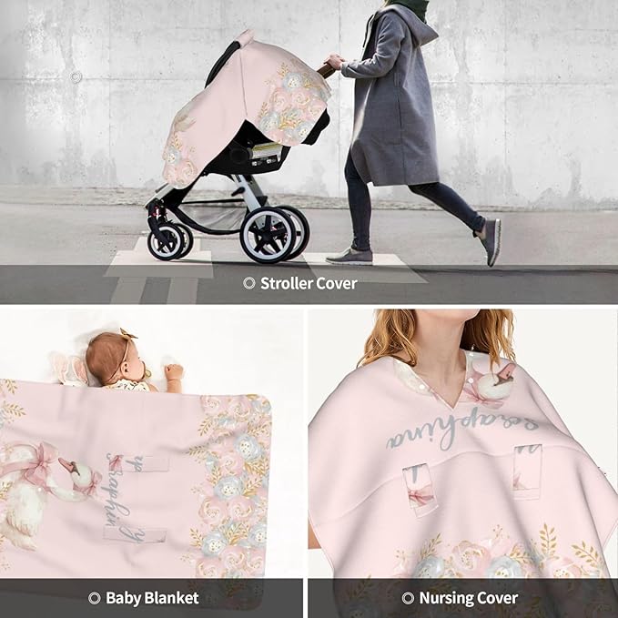 Custom Baby Name Nursing Cover Floral Swan – Personalized Car Seat Canopy, Stroller Cover, Baby Minky Blanket, Privacy Breastfeeding Cover, Soft Breathable Infant Shower Gift