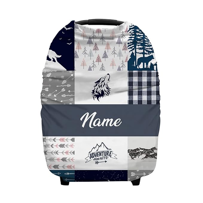 Personalized Wolf Pack Baby Car Seat Covers with Name, Custom Cow Stripes Nursing Cover Breastfeeding for Babies, Carseat Canopy for Boys, Infant Stroller Cover, Breathable Carseat Cover