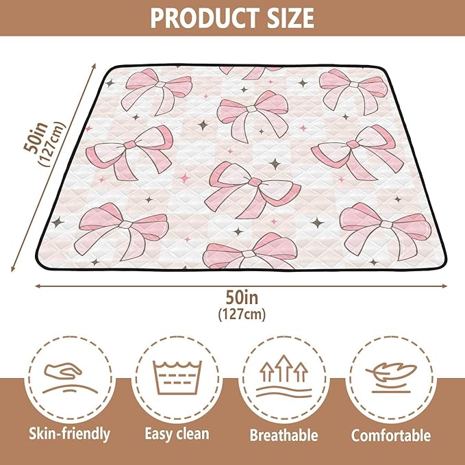 Baby Play Mat Pink Bows on Checkerboard 50 x 50 Playpen Mat for Floor Play Gym Crawling Non-Slip Cushioned Baby Playmat for Infants, Babies, Toddlers