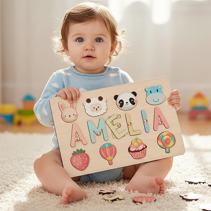 WNNNS Name Puzzles for Kids Easter Basket Stuffers Personalized Baby Gifts for Boys Girls Wooden Puzzle Toys for Toddler 1-3 Customized 1st Birthday Gifts Montessori Learning Toys with Gift Wrapping