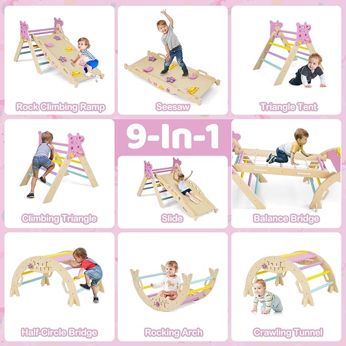 Costzon Pikler Triangle Set, 9-in-1 Foldable Baby Climbing Toys, Wood Montessori Climbing Set for Learning and Motor Skills, Indoor Playground Jungle Gym for Toddlers 3+ Climber Gifts (Pink)