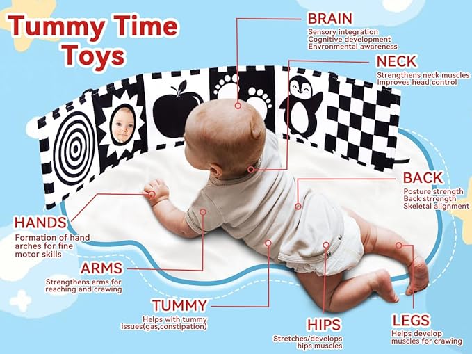 Yeeeasy Tummy Time Baby Toys for Newborn 0-6 Months, Double-Sided High Contrast Black and White Baby Book with Mirror, Montessori Sensory Crinkle Soft Toys for Infant Brain Development 0-12 Months
