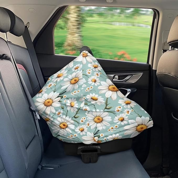 Daisy Baby Car Seat Covers,Multi-use Carseat Canopy for Babies,Stretchy Infant Nursing Cover for Breastfeeding,Shower Gifts for Unisex Boys and Girls,Green