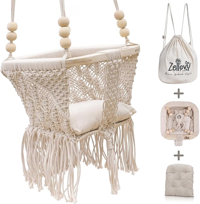 Organic Macrame Baby Swing Chair with Cushion & Portable Canvas Backpack | Boho Baby Swing Outdoor Indoor Infants & Toddler | Hanging Rope Baby Gift | Handmade Crochet Hammock Swing