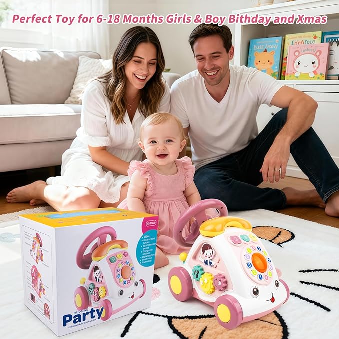 Love&Mini Baby Musical Toys for Girls - Crawling Steering Wheel Toys with Car, Telephone, Lights & Sounds - Multi-Functional Educational Gifts for 1+ Year Old Girls Birthday Xmas