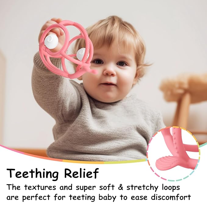 Mombella Snail Teething Rattle Toys for Babies 0-6 Months, Baby Teethers & Rattles Toys 6-12 Months, Silicone Infant Teething Toys for 3-9 Months Old, Great Newborn Gifts for Boys Girls, Pink