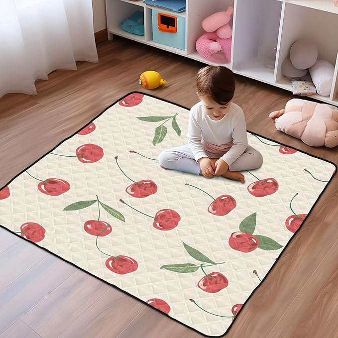 Cherry Painting Baby Play Mat for Floor, 50x50 inch Playpen Mat,Thicken Soft Non-Slip Tummy Time Mat for Toddlers and Infants