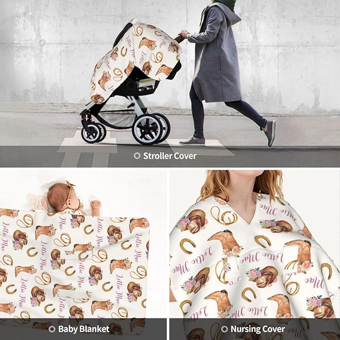 Personalized Cowgirl Baby Car Seat Canopy for Girls – Custom Name Minky Nursing Cover, Infant Carseat Canopy, Opening Breastfeeding Stroller Cover for Newborn Baby Gift