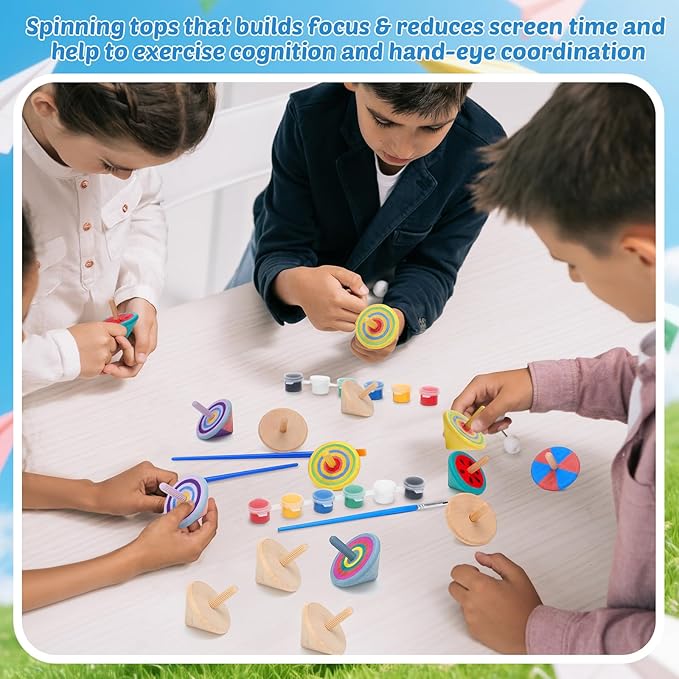 DoubleFill 72pcs DIY Wooden Spinning Tops Craft Kit Watercolor Paints Unfinished Wood Gyroscopes for Kids Educational Kindergarten Toys Spin Tops for Birthday Gifts, Family Games Party Favors