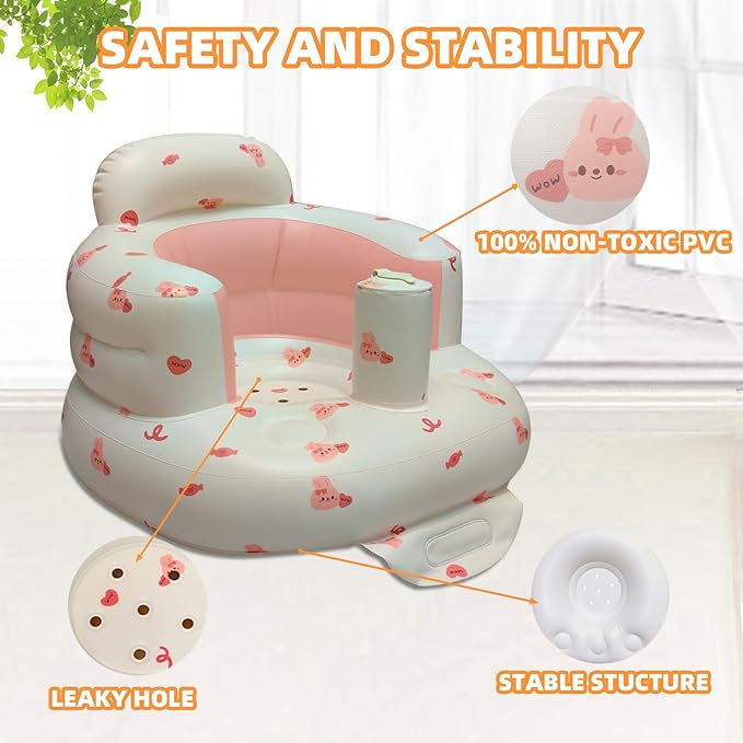 AGITVPS Upgrade Inflatable Baby Seat with Tray for Babies 3-36 Months, Built in Air Pump Bumbo Seat with Tray, Baby Chair Sit Me up Floor Seat for Baby, Learning to Sit&Feeding (Pillar-Love Bunny)