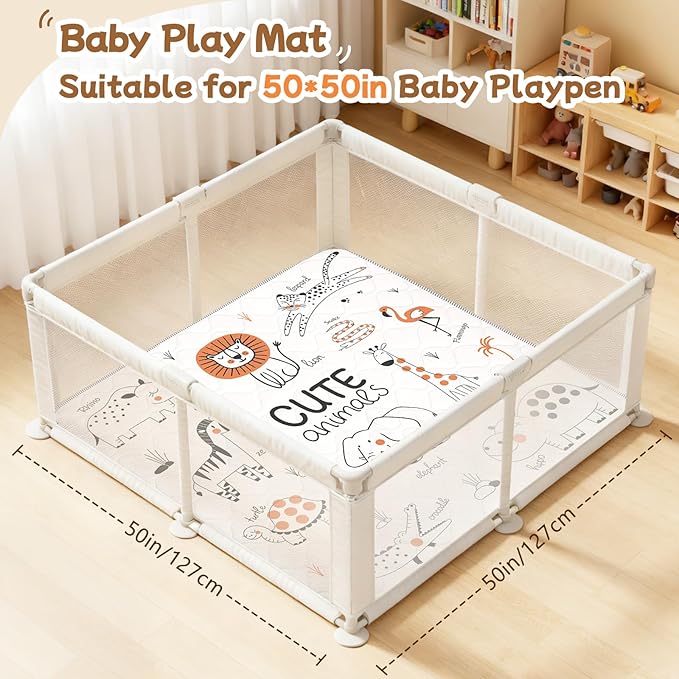Baby Play Mat for Floor,Soft 50x50 Playpen Mat,Thick Foam Playmat for Tummy Time,Safe Non-Slip Backing for Kids,Line Animals