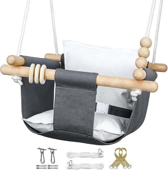 Baby Swing Outdoor and Indoor - Canvas Baby Swing 6 Months to 3 Years, Durable Baby Swing Chair, Indoor Baby Swing, Outdoor Baby Swing, Full Set of Ceiling Screws (Gray)