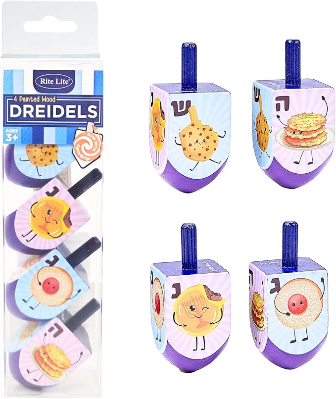 Rite Lite Whimsical Foods Dreidel Hanukkah Gift Set of 4 Fun Chanukah Decor Judaica Goodie Bag with Jelly Donut, Cookie, Noodle Kugel, Latke Design | Jewish Holiday Party Favors Hostess Gifts