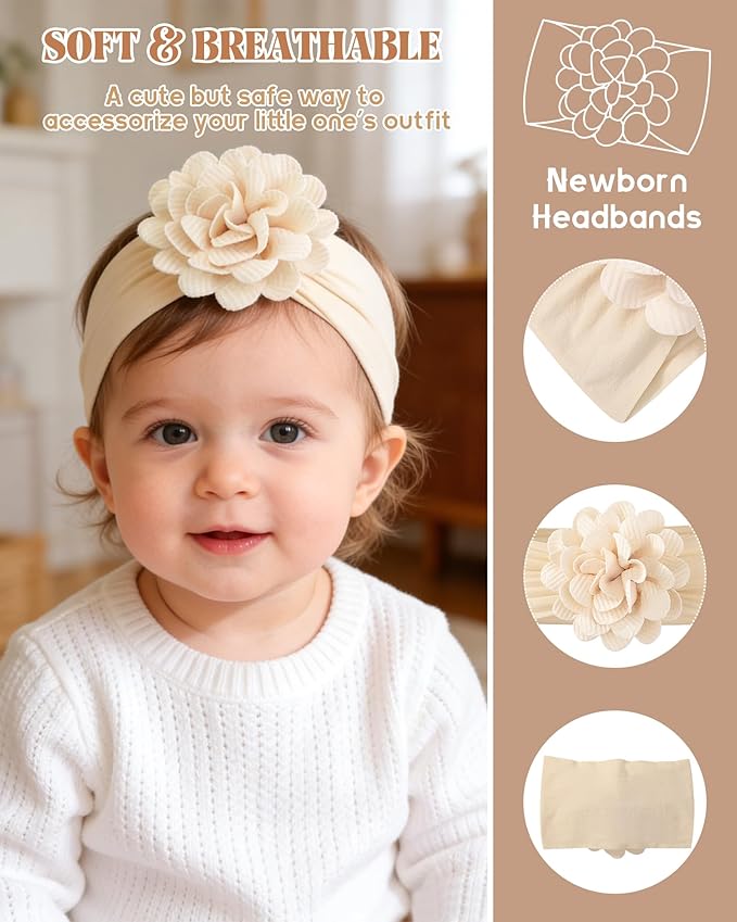 jollybows 6pcs Baby Girls Flower Hair Headbands Nylon Hair Bands Elastic Hair Accessories for Newborn Kids Infants Toddlers Light Color