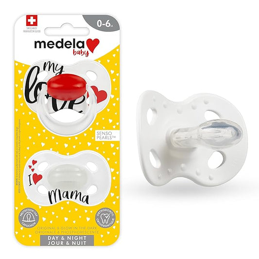 Medela Baby Pacifier | Day and Night Glow in The Dark | 0-6 Months | 2-Count, Lightweight | BPA-Free | Supports Natural Suckling | My Love and I Love Mama