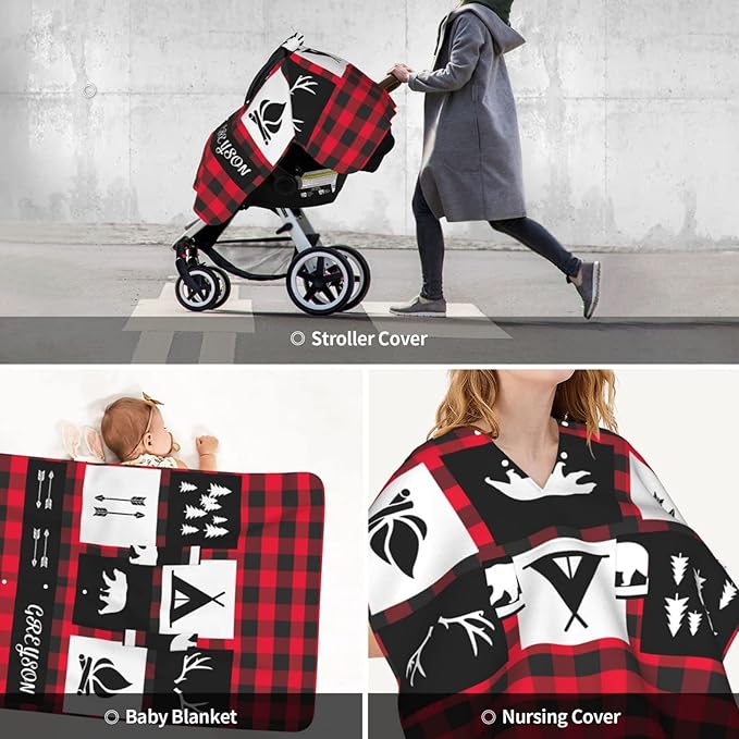 Personalized Red Plaid Deer and Bear Baby Infant Car Seats Canopy for Babies with Name, Custom Multi-use Blankets for Baby Boys Girls, Peekaboo Minky Nursing Stroller Cover Canopies for Newborn