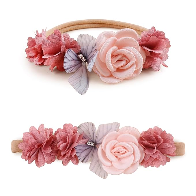 Baby Girl Flower Headbands and Bows, Stretchy Soft Nylon Floral Crown, 3pcs Handmade Hair Accessories for Newborn Infant Toddler