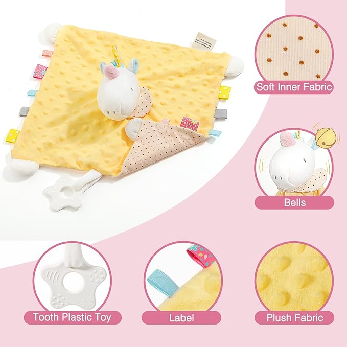 Zooawa Loveys for Babies, Security Blanket Soft Stuffed Animal Lovey Unisex Lovie Baby Stuff Snuggle Blanket with Tags Teether Bells, Soothing Plush Toys Baby Gift for Newborn, Yellow Unicorn