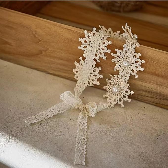 Baby Girls Flower Headbands Cute Kids Christening Headband Soft Lace Hairbands Floral Crown Newborn Infant Toddlers Hair Accessories for Birthday Party Photography(Beige Flowers)