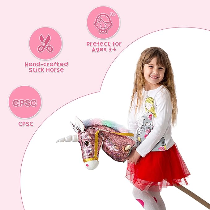 HollyHOME Sequin Unicorn Stick Horse Handcrafted Hobby Horse on a Stick with Wood Wheels Real Pony Neighing and Galloping Sounds Plush Unicorn Toy Pink 36 Inches(AA Batteries Required)