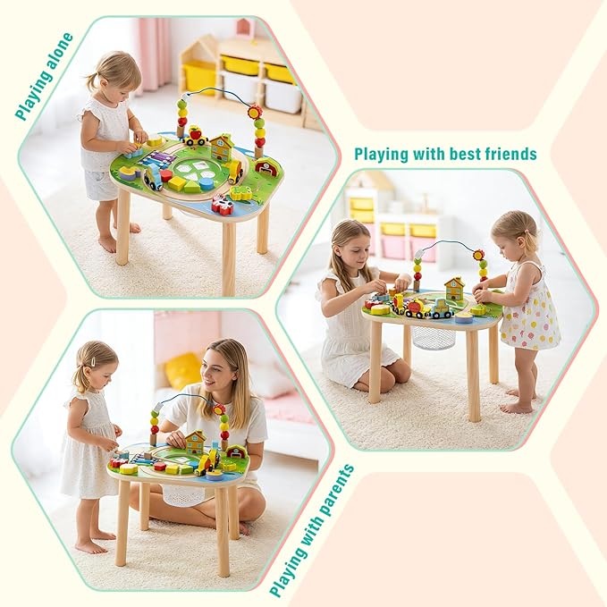 Montessori Activity Table for 1 Year Old, 9-in-1 Wooden Activity Table with Adjustable Height, Train, Shape Sorter, Xylophone, Baby Sensory Educational Learning Toys, Birthday Gift (Farm)