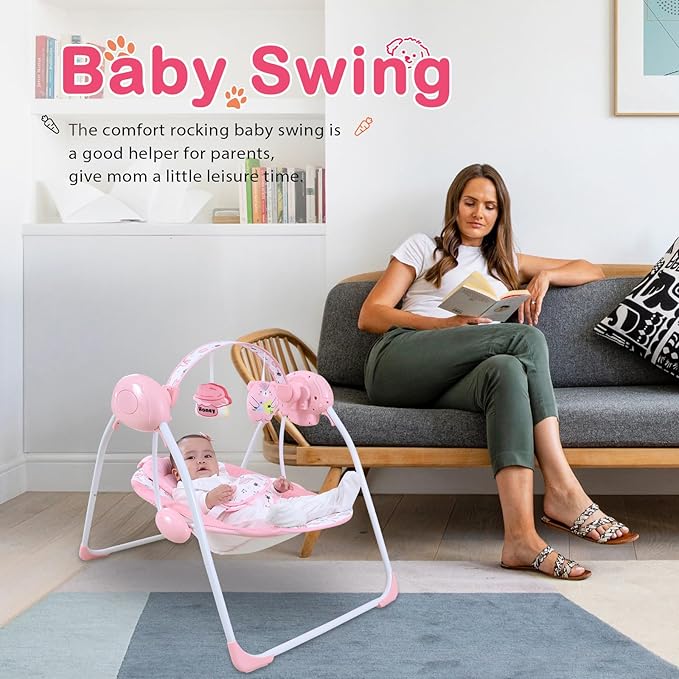 Baby Swing for Baby Girl,Newborn Swing with Music,5 Speed Levels,Timing Setting,Soft Cushion,Pink Foldable Infant Swing for Indoor Outdoor Use 0-9 Months
