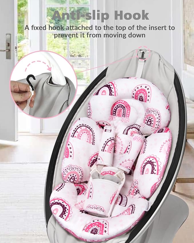 Infant Insert Compatible with 4moms Mamaroo Swing and Infant Carseat, Including 3 Replacement Balls, Reversible Newborn Insert for Baby Swing, Stroller, Bouncer, Soft Fabric - Mauve Rainbow