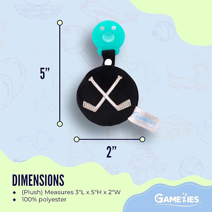 Gamezies Baby Boy and Girl Silicone Pacifier with Detachable Sports Plush Toy Holder, Hockey Puck