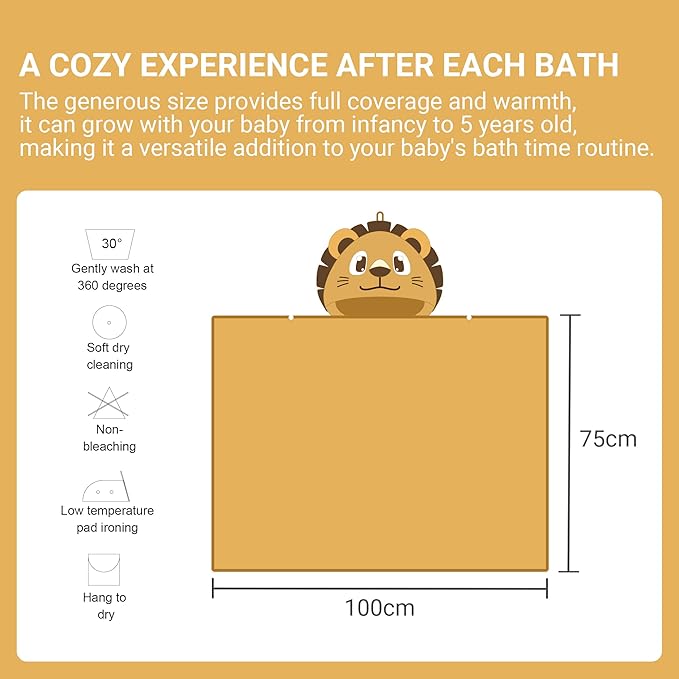 MICHLEY Bamboo Viscose Baby Hooded Bath Towel for 0-5 Years Boys and Girls, 29.5 x 39.5 Inch Ultra-Soft and Quick-drying Infant Bath(Lion)