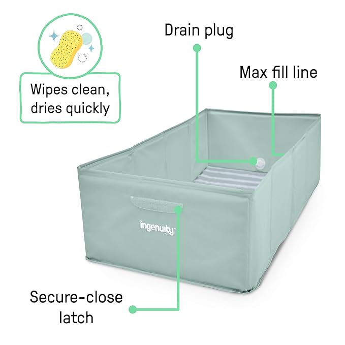 Ingenuity Tuckaway Toddler Folding Tub & Foldaway 2-Position Baby Bath Seat, Portable Bathtub for Travel, Adjustable Support for Sink or Shower, Easy to Clean, Ages 0-5 Years