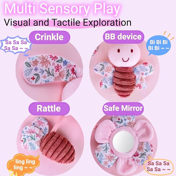 Spiral Car Seat Toy for Babies 0-6-12 Months Girl, Stroller Hanging Baby Toys 0-3-4-5-7-9 Month Old Newborn Infant Rabbit Gift Travel Carseat Mirror Crinkle Plush Bunny Easter Basket Stuffers
