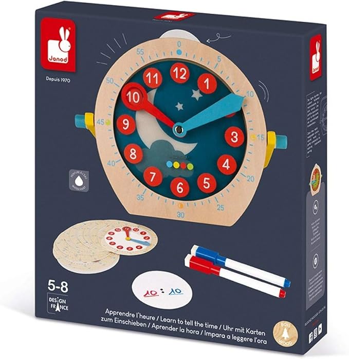 Janod Learn to Tell Time - Wooden Educational Teaching Clock - Ages 5+ - J05076