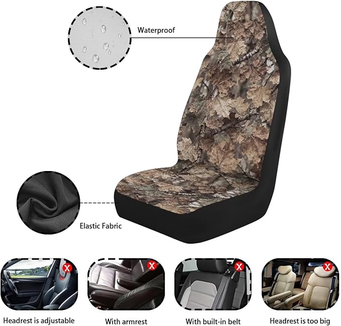 Camo Hunting Print Car Seat Covers Front Seats Only Waterproof Car Seat Covers Stretch Polyester Fabric Cover Fashion Auto Interior Universal Fit for Most Vehicle, Set of 2