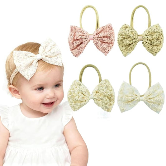 Baby Bow Headband Nylon Hairbands Stretchy Baby Hairbands Hair Accessories for Newborn Infant Toddlers Kids (4, 4 Colors)
