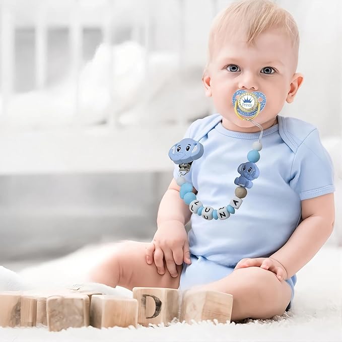 Personalized Pacifier Clip with Name Custom Pacifier Holder for Baby Boys and Girls (Gray Elephant)