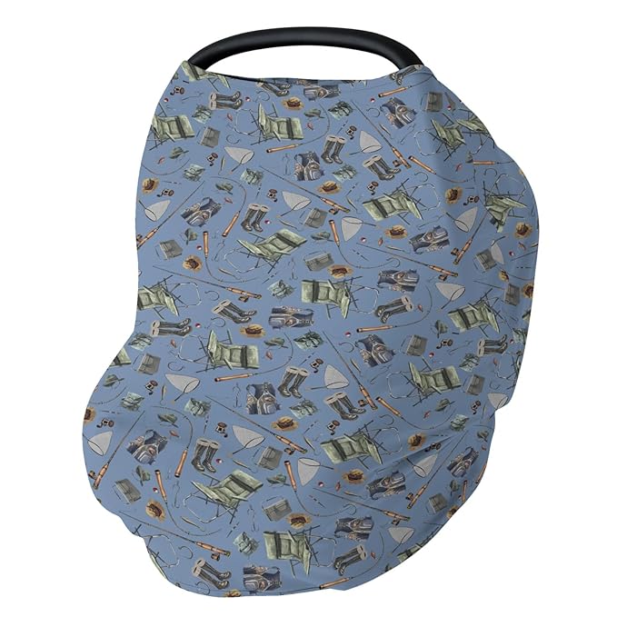 Retro Fishing Gear Car Seat Cover for Babies Trout Fishing Stretchy 5-in-1 Cover Adjustable Infant Carseat Cover Canopy Outdoor Fishing Lovers Gift Breathable Nursing Cover-Up