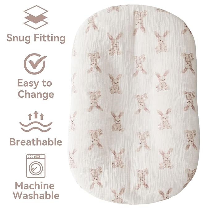 Little Jump Cotton Muslin Baby Lounger Covers, 2 Pack, Soft Removable Slipcovers for Newborn Infant Lounger, for Girls Boys (Bunny)