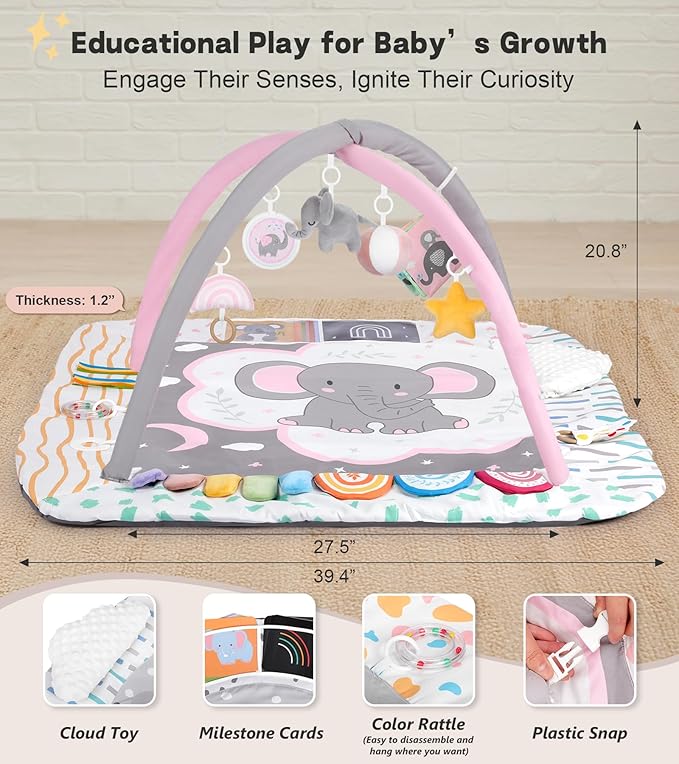 Baby Play Mat Activity Gym, 6 Developmental Zones Tummy Time Mat, 6 Detachable Sensory Toys and Educational Cards, Essential Baby Shower Set, Pink Elephant